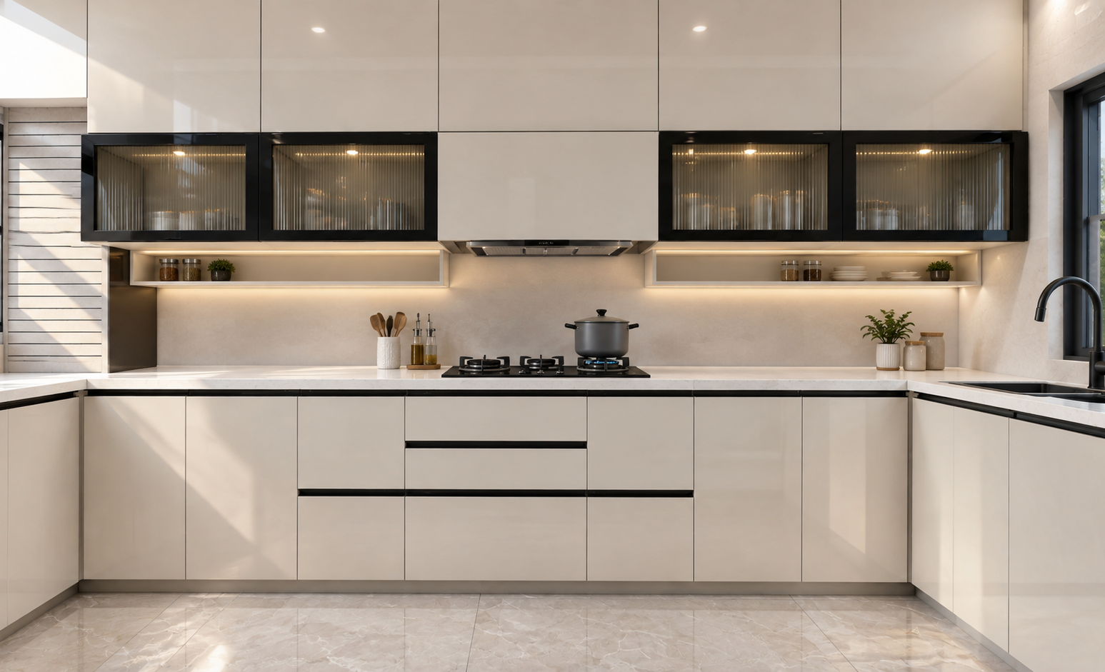 Modular Kitchen & Reeded Glass Cabinets — Bopal, Ahmedabad by Niora Studio